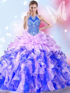 Halter Top Sleeveless Floor Length Beading and Ruffles and Pick Ups Lace Up Sweet 16 Dresses with Multi-color