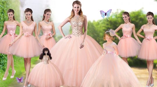 Peach Lace Up Ball Gown Prom Dress Beading Sleeveless Floor Length