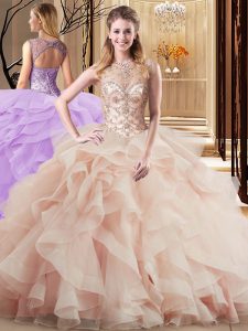 Scoop Peach Lace Up Quinceanera Dresses Beading and Ruffles Sleeveless Brush Train