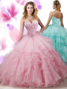 Pink Lace Up Sweetheart Beading and Ruffled Layers Quinceanera Dresses Organza Sleeveless