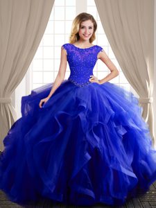 Spectacular Scoop Royal Blue Ball Gowns Beading and Appliques and Ruffles Quinceanera Gown Lace Up Tulle Cap Sleeves With Train