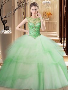 Hot Selling Ruffled Apple Green 15th Birthday Dress Scoop Sleeveless Brush Train Lace Up