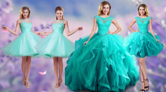 Aqua Blue Sweet 16 Dresses Prom and Military Ball and Sweet 16 and Quinceanera and For with Beading and Appliques and Ruffles Scoop Sleeveless Lace Up