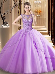 Dynamic Scoop Lavender Sleeveless Tulle Brush Train Lace Up Ball Gown Prom Dress for Military Ball and Sweet 16 and Quinceanera