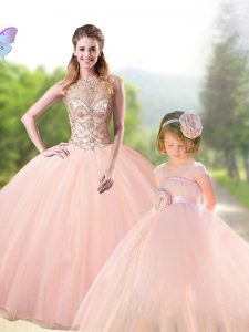 Graceful Peach Quince Ball Gowns Military Ball and Sweet 16 and Quinceanera and For with Beading Scoop Sleeveless Lace Up