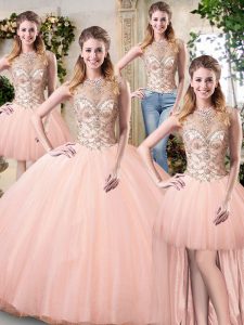 Floor Length Peach Vestidos de Quinceanera Scoop Sleeveless Lace Up