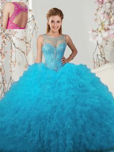 Scoop Baby Blue Sleeveless Tulle Lace Up Quinceanera Gown for Military Ball and Sweet 16 and Quinceanera