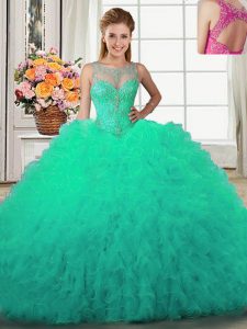 Scoop Turquoise Sleeveless Beading and Ruffles Floor Length Sweet 16 Dress