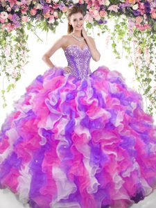 Edgy Multi-color Organza Lace Up Ball Gown Prom Dress Sleeveless Floor Length Beading and Ruffles