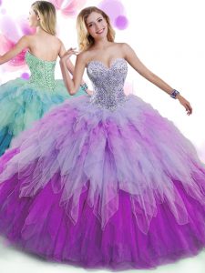 Tulle Sweetheart Sleeveless Lace Up Beading and Ruffles Sweet 16 Dresses in Multi-color