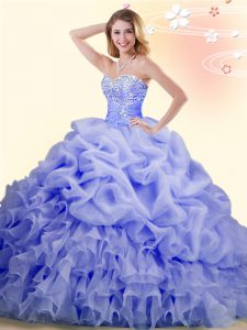 Lavender Organza Lace Up 15 Quinceanera Dress Sleeveless With Brush Train Beading and Ruffles and Pick Ups