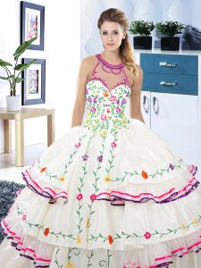 Elegant Halter Top White Organza and Taffeta Lace Up Sweet 16 Quinceanera Dress Sleeveless Floor Length Embroidery and Ruffled Layers