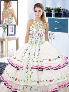 Exquisite Halter Top Sleeveless Embroidery and Ruffled Layers Lace Up Ball Gown Prom Dress