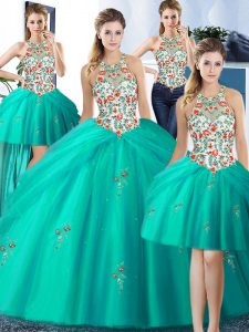 Glamorous Four Piece Turquoise Ball Gowns Halter Top Sleeveless Tulle Floor Length Lace Up Embroidery and Pick Ups Quinceanera Dress