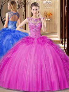Scoop Hot Pink Lace Up Quinceanera Gown Beading and Ruffles Sleeveless Floor Length