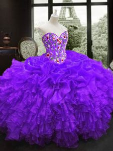 Dazzling Sleeveless Organza Floor Length Lace Up Sweet 16 Dresses in Purple with Embroidery and Ruffles