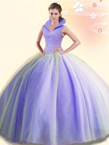Clearance Lavender Backless High-neck Beading Vestidos de Quinceanera Tulle Sleeveless