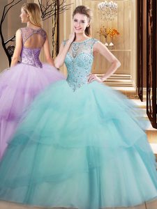 Eye-catching Scoop Sleeveless Tulle Quinceanera Dresses Beading and Ruffled Layers Brush Train Lace Up