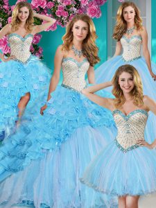 Four Piece Baby Blue Quinceanera Gowns Military Ball and Sweet 16 and Quinceanera and For with Beading and Ruffles Sweetheart Sleeveless Brush Train Lace Up