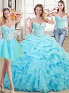 Modern Three Piece Sleeveless Floor Length Beading and Ruffles and Pick Ups Lace Up Quinceanera Gowns with Aqua Blue