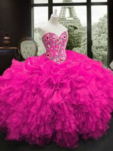 Fuchsia Lace Up Sweet 16 Dresses Embroidery and Ruffles Sleeveless Floor Length