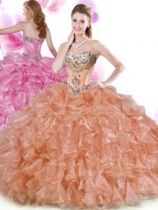 Suitable Rust Red and Peach Organza Lace Up Sweetheart Sleeveless Floor Length Vestidos de Quinceanera Beading and Ruffles
