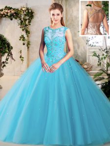 Pretty Scoop Sleeveless Lace Up Floor Length Beading Ball Gown Prom Dress