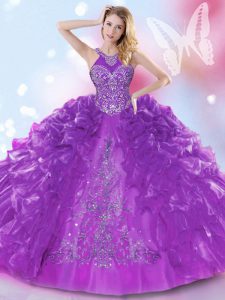 New Style Halter Top Purple Organza Lace Up Sweet 16 Dress Sleeveless Floor Length Appliques and Ruffled Layers