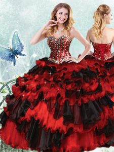 Sequins Ruffled Sweetheart Sleeveless Lace Up Quinceanera Gown Red And Black Organza