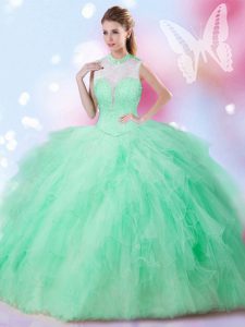 Luxurious Ball Gowns Quinceanera Dresses Apple Green High-neck Tulle Sleeveless Floor Length Lace Up