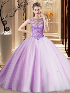Scoop Lavender Sleeveless Beading Lace Up Sweet 16 Quinceanera Dress