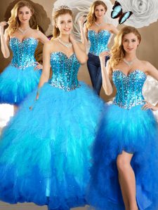 Four Piece Multi-color Tulle Lace Up Sweetheart Sleeveless Floor Length Sweet 16 Dresses Beading and Ruffles and Sequins