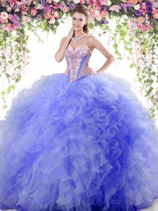 Blue Tulle Lace Up Sweet 16 Quinceanera Dress Sleeveless Floor Length Beading and Ruffles