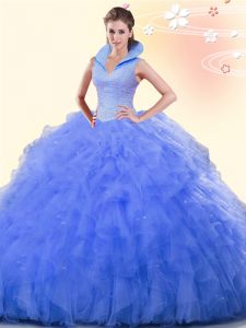 Perfect Ball Gowns 15th Birthday Dress Blue High-neck Tulle Sleeveless Floor Length Backless