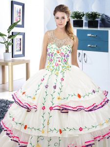 Lovely Scoop Sleeveless Floor Length Beading and Embroidery and Ruffled Layers Lace Up Quinceanera Dresses with White
