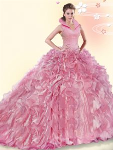 Sumptuous Pink High-neck Neckline Beading and Ruffles Quinceanera Dress Sleeveless Backless