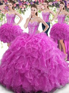 Four Piece Fuchsia Tulle Lace Up Sweetheart Sleeveless Floor Length Quince Ball Gowns Beading and Ruffles