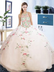 Halter Top Embroidery 15 Quinceanera Dress White Lace Up Sleeveless Floor Length
