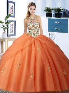 Suitable Halter Top Sleeveless Lace Up Floor Length Embroidery and Pick Ups 15 Quinceanera Dress