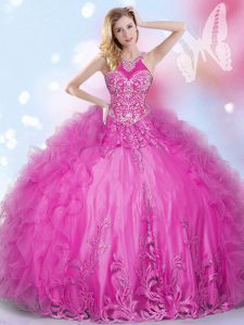 Shining Halter Top Sleeveless Tulle Floor Length Lace Up Sweet 16 Quinceanera Dress in Hot Pink with Beading and Appliques and Ruffles