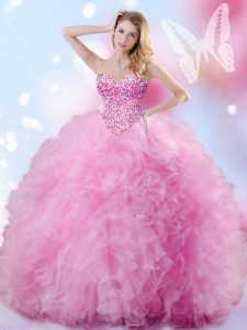 Glamorous Sleeveless Floor Length Beading and Ruffles Lace Up Sweet 16 Quinceanera Dress with Rose Pink