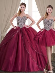 Custom Designed Three Piece Burgundy Tulle Lace Up Sweet 16 Dresses Sleeveless Floor Length Beading