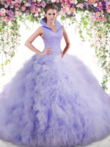 Elegant Lavender Ball Gowns High-neck Sleeveless Tulle Floor Length Backless Beading and Ruffles Sweet 16 Dress
