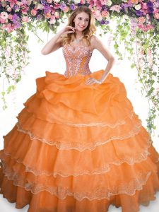 Orange Organza Lace Up Sweetheart Sleeveless Floor Length Quinceanera Dress Beading and Ruffled Layers and Pick Ups