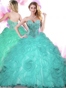 Turquoise Quinceanera Dresses Military Ball and Sweet 16 and Quinceanera and For with Beading Sweetheart Sleeveless Lace Up