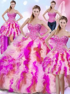 Four Piece Multi-color Tulle Lace Up Sweetheart Sleeveless Floor Length Ball Gown Prom Dress Beading and Ruffles