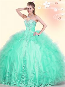 Nice Apple Green Ball Gowns Sweetheart Sleeveless Tulle Floor Length Lace Up Beading and Appliques and Ruffles Ball Gown Prom Dress