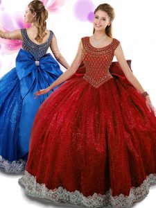 Dazzling Scoop Sleeveless Quinceanera Gown Floor Length Beading and Appliques and Bowknot Wine Red Organza