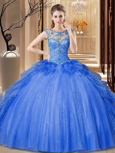 Beautiful Scoop Blue Tulle and Sequined Lace Up Quinceanera Dress Sleeveless Floor Length Ruffles