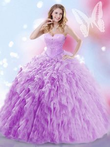 Dazzling Lavender Lace Up Quinceanera Gowns Beading and Ruffles Sleeveless Brush Train